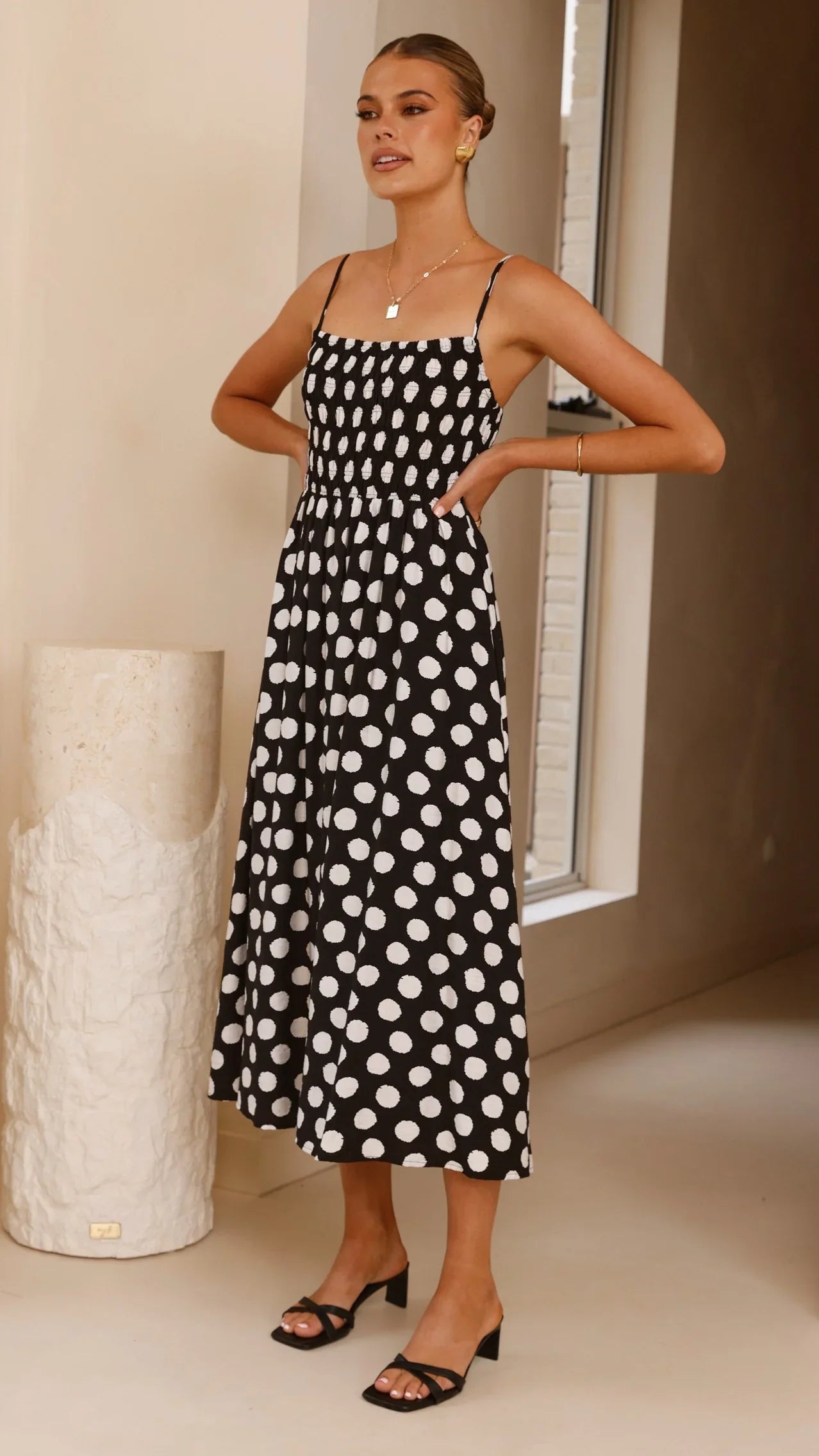 Roma Midi Dress - Black/ White Polka Dot