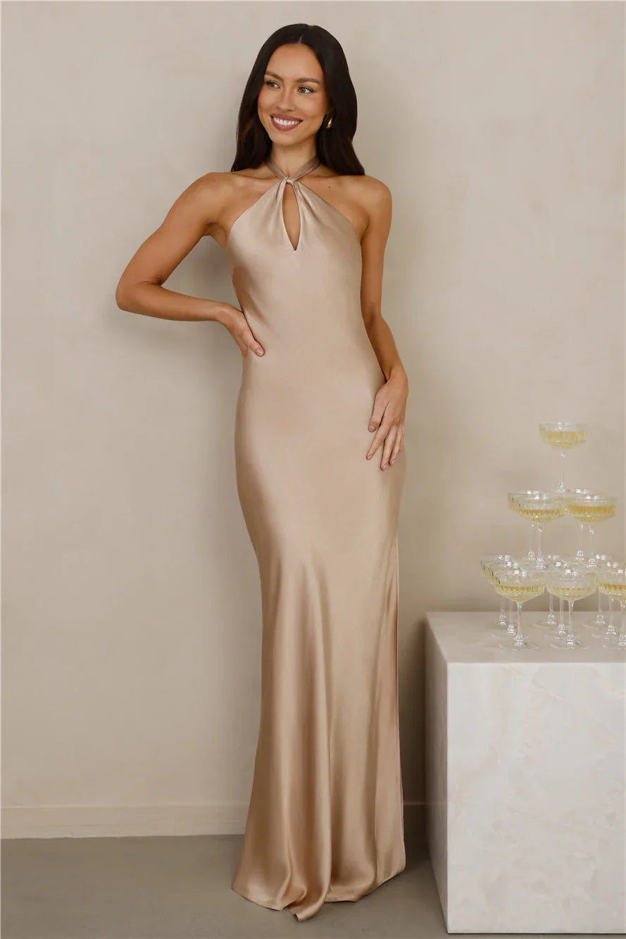 The Delilah Satin Halter Maxi Dress Champagne
