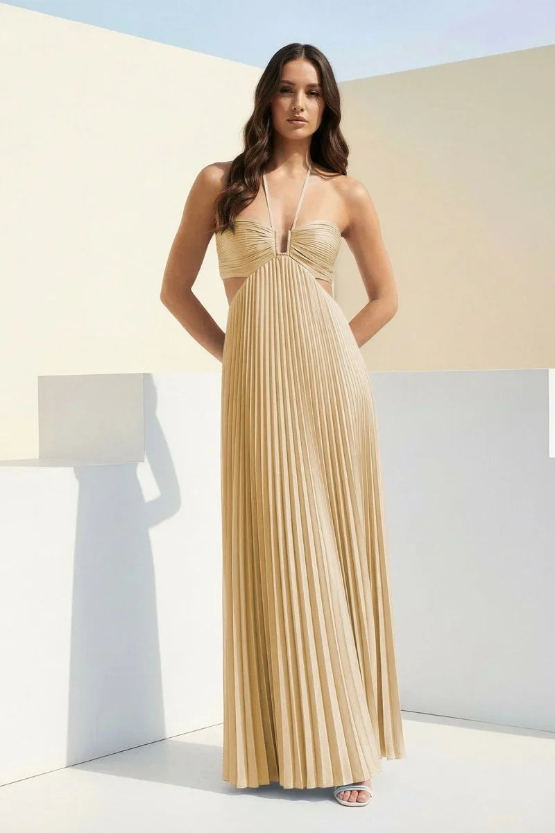 Sky Blue Halter Pleated Satin A Line Prom Dresses With Cutout