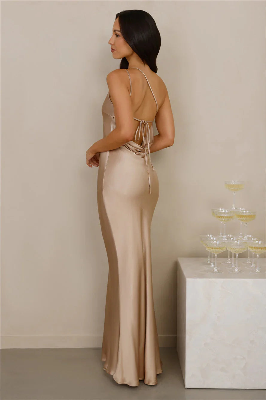 The Evangeline One Shoulder Satin Maxi Dress Champagne