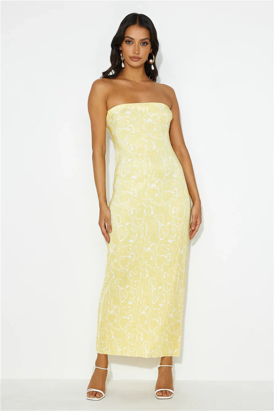 Sharp Style Strapless Plisse Maxi Dress Yellow
